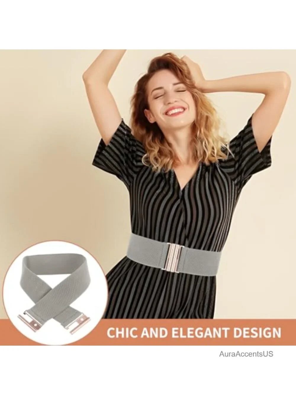 Vintage Elastic Waist Cinch Belt with Gold Buckle for Dresses